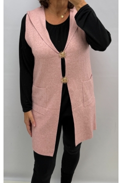 Lang mouwloos vest met capuchon Moon licht roze SALE. PTL