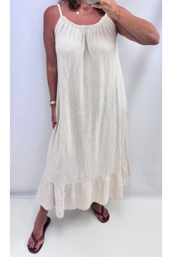 Lange mouwloze jurk van wafel katoen Lina UNI beige. SALE