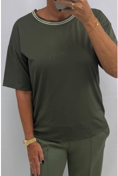 Travelstof shirt met ronde hals en bies Feline dark army