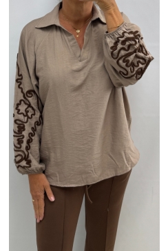 Blouse met kraag en touw details op de mouw Meryl taupe