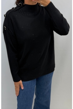 Trui met opstaande boord en knopen op de schouder Evi zwart