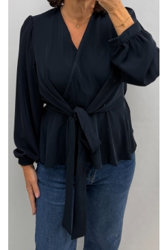 Blouse met knoop en overslag Cleo donker blauw