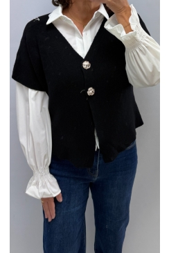 Fijngebreid vest met knopen en korte mouw Romijn zwart