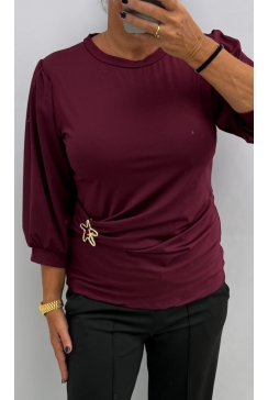 Travelstof shirt met knoop aan de onderzijde Sterretje wijnrood. ttsb