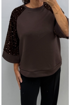 sweater met zachte mouw en pailletten Carly bruin