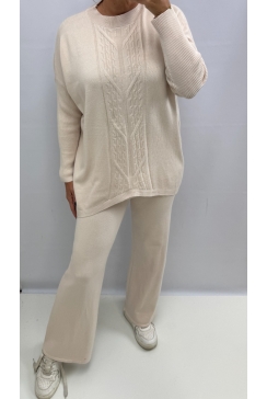 Fijngebreide set met motief in de trui en broek creme (BL-2086)