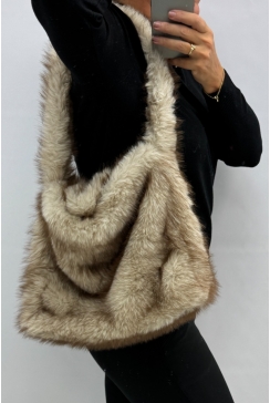 Furry/bont tas met druksluiting beige (HXB25-3)