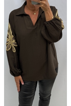 Blouse met kraag en GOUD detail Marlo bruin