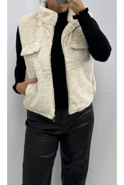 Mouwloos imitatie bont jasje met rits creme (M6508)