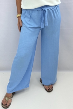 Denim look broek met elastische taille en koord licht blauw. TKD