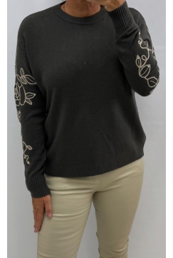 Trui met lange mouw en glitter bloemen dark taupe (DZ-8964)