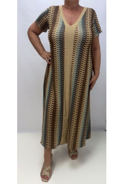 Jurk met v-hals van glitter MET MOUWTJE en boogjes beige