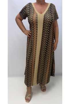 Jurk met v-hals van glitter MET MOUWTJE en geometric print bruin