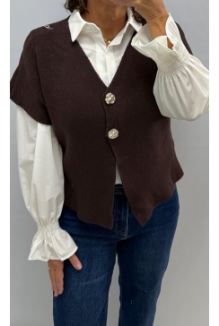 Fijngebreid vest met knopen en korte mouw Romijn bruin