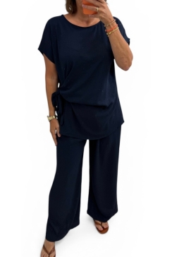 2-delig set met blouse en strik aan de zijde Macy donker blauw