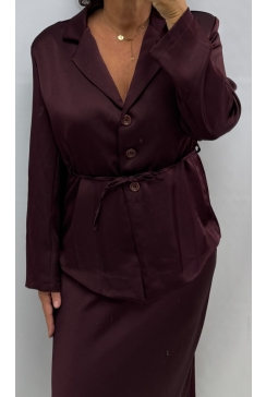 Satijn-look blazer met knoopjes en koord aubergine
