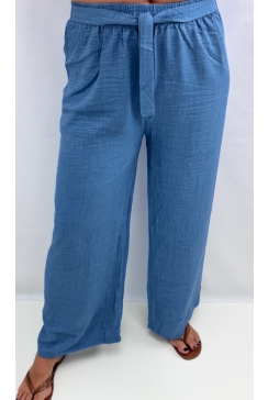 Denim look broek met elastische taille en koord Indigo