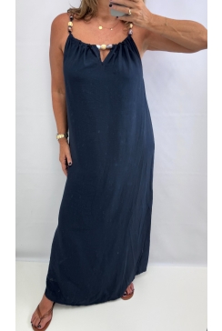 Lange mouwloze jurk met kralen aan de hals ZONDER ZAKJES donker blauw