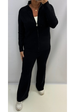 Fijngebreide rib set met rits in de trui en broek zwart (HC-547)
