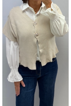 Fijngebreid vest met knopen en korte mouw Romijn beige