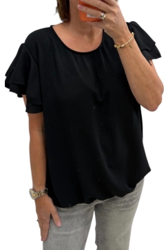 Blouse met volant mouw en ronde hals Stella zwart