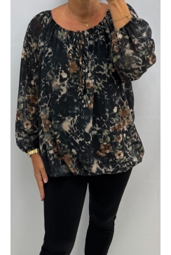 Ballon blouse met strik in de hals Nature zwart