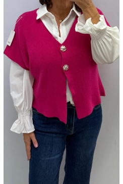 Fijngebreid vest met knopen en korte mouw Romijn fuchsia