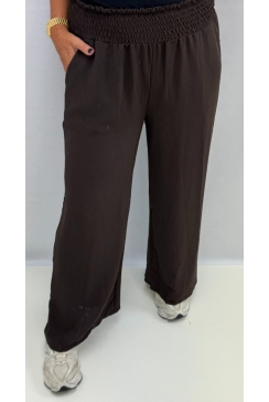 Broek met smock band aan de bovenzijde donker bruin