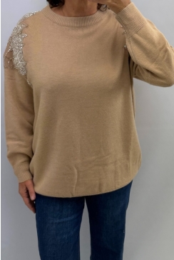 Trui met kralen en pailletten camel (M0-4216L-BZ)