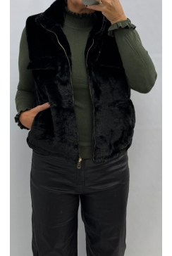 Mouwloos imitatie bont jasje met rits zwart (M6508)