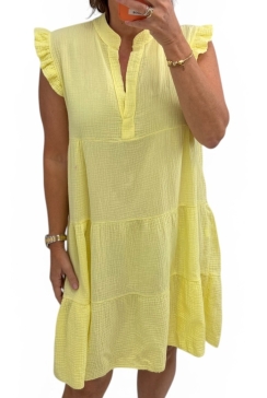 Jurk/tuniek met volant mouw en stroken Jane uni geel