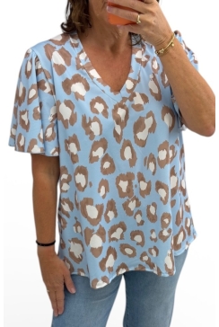 Travelstof shirt met v-hals Chiara leopard blauw