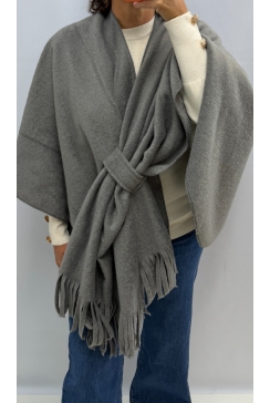 Poncho met franjes Miep grijs