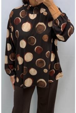 Blouse met smock hals circles bruin
