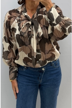 Voile blouse met glitterdraad hibiscus bruin