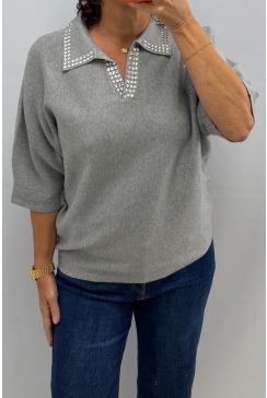 Trui met kraag en steentjes grijs (MC-4477L-BX)