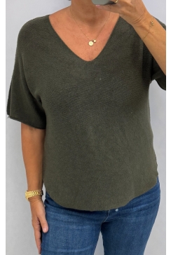 Trui met v-hals en korte mouw Tiffany dark army