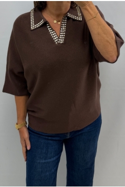 Trui met kraag en steentjes bruin (MC-4477L-BX)