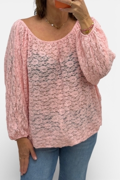 Ballon blouse met lange mouw van kant licht roze