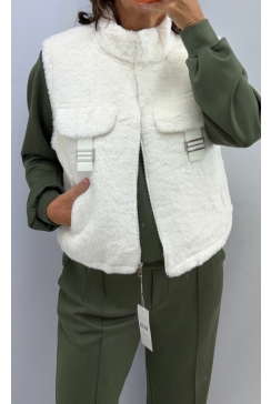 Mouwloos zacht gilet met rits en fake zakken Tonda off-white