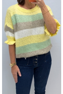 Trui met ruffle aan de mouw en strepen geel