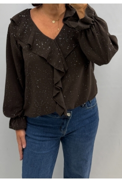 Blouse met RUFFLE aan de voorzijde sprinkled glitter bruin