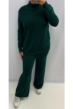 Fijngebreide set met trui en broek gotiek flessengroen (HC-561)