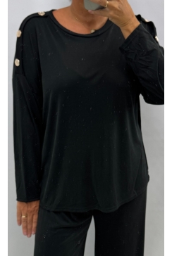 Blouse met lange mouw en knopen op de schouder Dolly zwart. tkd