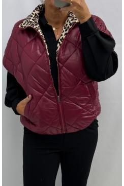 Mouwloos panterprint bodywarmer met 2 zijdes wijnrood