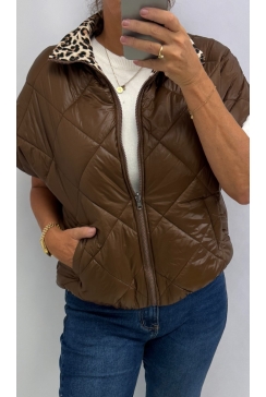 Mouwloos panterprint bodywarmer met 2 zijdes bruin