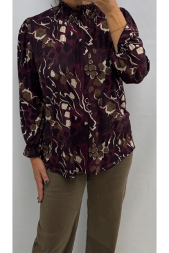 Blouse met smock hals en dierenprint burgundy