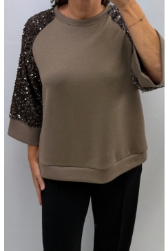 sweater met zachte mouw en pailletten Carly taupe