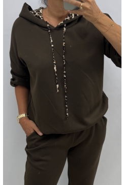 Sweater met panterprint details en capuchon puur bruin (SWD)