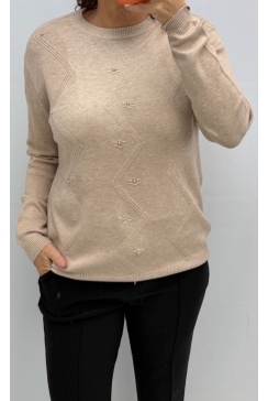 Trui met ronde hals en parels camel (LC-9220) SALE